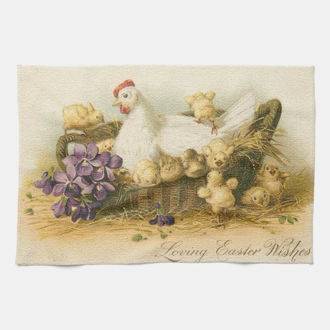 Vintage Hen And Chickens Easter Kitchen Towel (Horizontal)