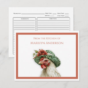 Vintage Hen in a Green Hat Recipe Card  