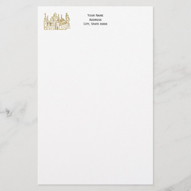 Vintage Heraldic Castle #2 Crest Faux Gold Stationery (Front)