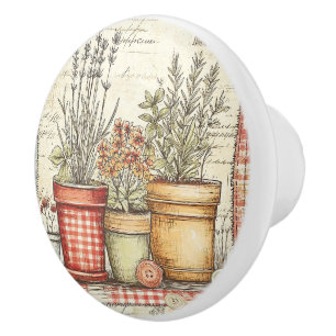 Vintage Herb Pots Gingham Ceramic Knob