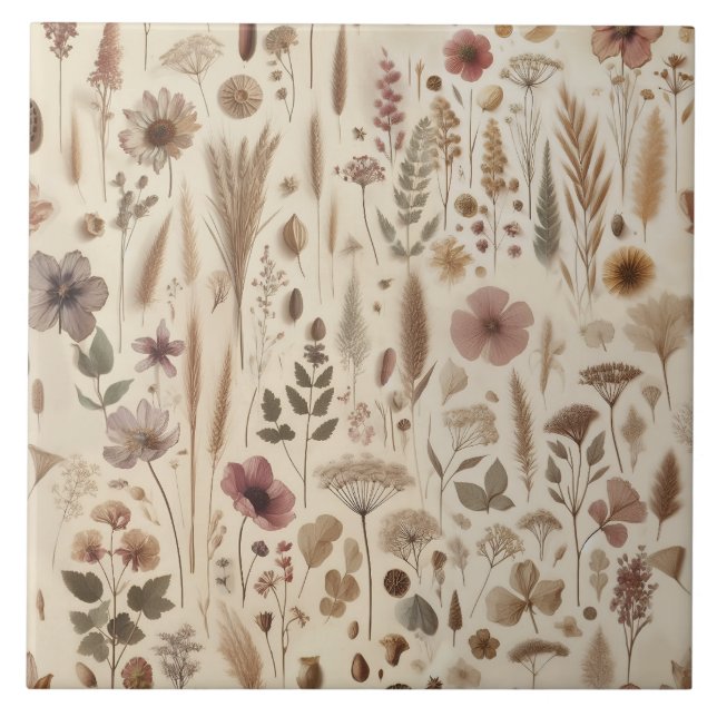 Vintage Herbarium Pressed Flower Botanical Tile (Front)