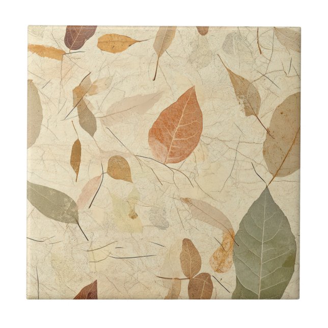 Vintage Herbarium Pressed Leaves Brown Gold Olive Tile (Front)