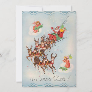 Vintage Here Comes Santa Claus Christmas Holiday Card