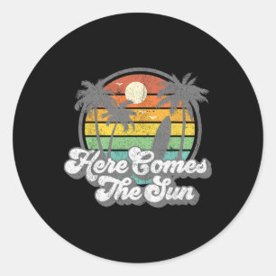 Vintage Here Comes The Sun Beach Surfing Retro 70s Classic Round Sticker