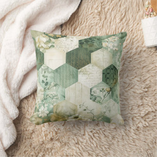 Vintage Hexagon Botanical Patchwork Throw Pillow
