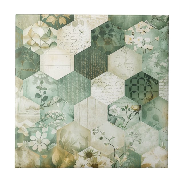 Vintage Hexagon Botanical Patchwork Tile (Front)