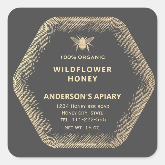 Vintage Hexagon  gold bee honey jar Square Sticker (Front)