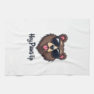 Vintage Hey Paws Up Bear with Sunglasses Funny Dog Kitchen Towel
