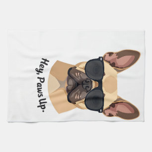 Vintage Hey, Paws Up French Bulldog Sunglasses Gra Kitchen Towel