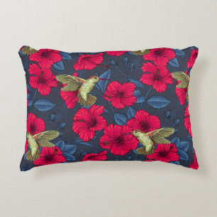 Vintage Hibiscus Botanical and Hummingbird Accent Pillow