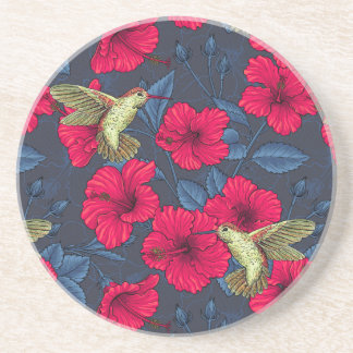 Vintage Hibiscus Botanical and Hummingbird Coaster