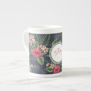 Vintage Hibiscus dark pattern Monogram Bone Mug