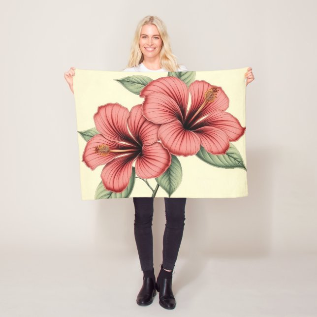 Vintage Hibiscus on Weathered Paper Fleece Blanket (In Situ)