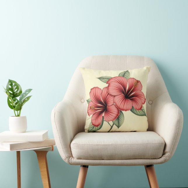 Vintage Hibiscus on Weathered Paper Throw Pillow (Chair)