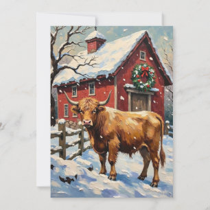 Vintage Highland Cow at Snowy Christmas Barn Holiday Card