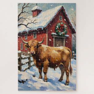Vintage Highland Cow at Snowy Christmas Barn Jigsaw Puzzle