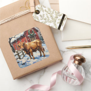 Vintage Highland Cow at Snowy Christmas Barn Square Sticker