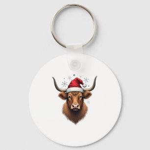 Vintage Highland Cow Christmas Design with Santa H Keychain