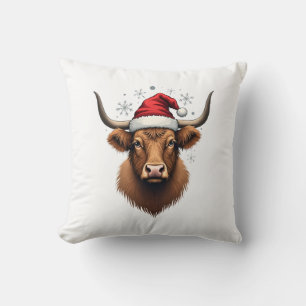 Vintage Highland Cow Christmas Design with Santa H Throw Pillow