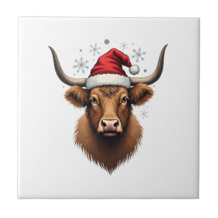 Vintage Highland Cow Christmas Design with Santa H Tile