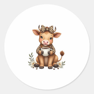 Vintage Highland Cow Coffee Lover Watercolor Cute  Classic Round Sticker