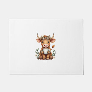 Vintage Highland Cow Coffee Lover Watercolor Cute  Doormat