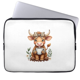 Vintage Highland Cow Coffee Lover Watercolor Cute  Laptop Sleeve
