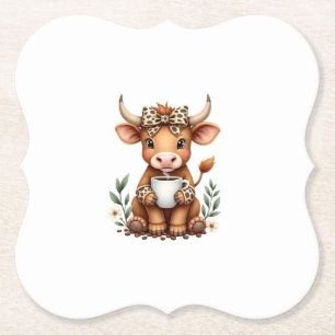 Vintage Highland Cow Coffee Lover Watercolor Cute Paper Coaster