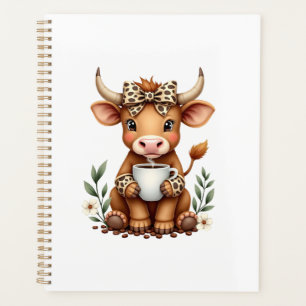 Vintage Highland Cow Coffee Lover Watercolor Cute  Planner