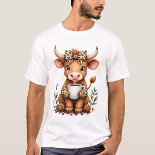 Vintage Highland Cow Coffee Lover Watercolor Cute  T-Shirt