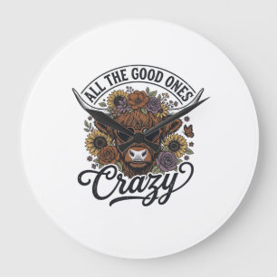 Vintage Highland Cow Floral Crazy Quote Design_1 Large Clock