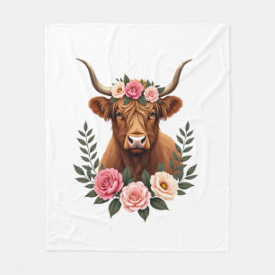 Vintage Highland Cow Floral Crown Boho Farmhouse A Fleece Blanket