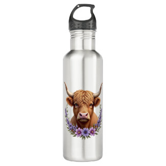 Vintage Highland Cow Floral Wreath Cute Rustic Far 710 Ml Water Bottle