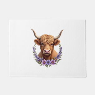 Vintage Highland Cow Floral Wreath Cute Rustic Far Doormat