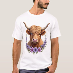 Vintage Highland Cow Floral Wreath Cute Rustic Far T-Shirt