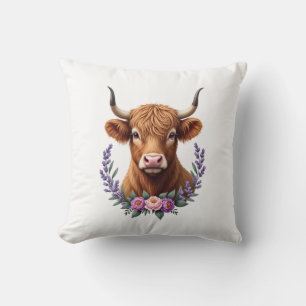 Vintage Highland Cow Floral Wreath Cute Rustic Far Throw Pillow