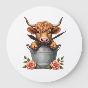 Vintage Highland Cow Flower Market Design with Flo Large Clock