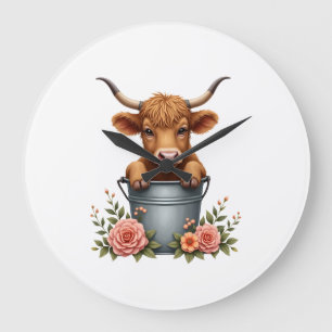 Vintage Highland Cow Flower Market Design with Flo Large Clock