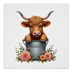 Vintage Highland Cow Flower Market Design with Flo Poster