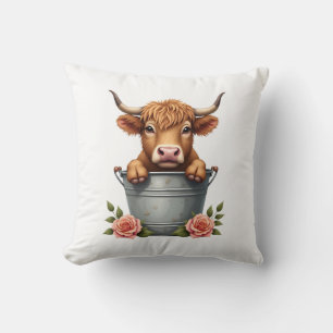 Vintage Highland Cow Flower Market Design with Flo Throw Pillow
