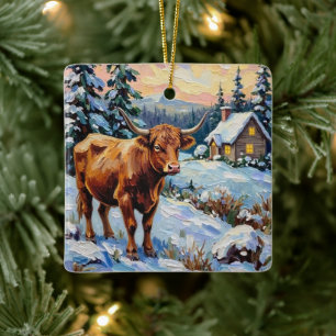 Vintage Highland Cow in Snowy Christmas Meadow Ceramic Ornament