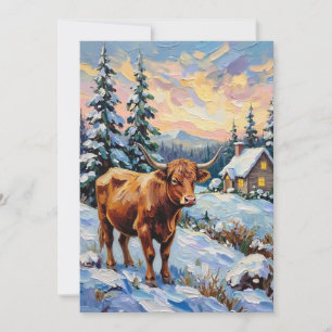 Vintage Highland Cow in Snowy Christmas Meadow Holiday Card