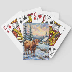 Vintage Highland Cow in Snowy Christmas Meadow Playing Cards