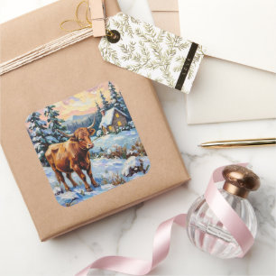 Vintage Highland Cow in Snowy Christmas Meadow Square Sticker