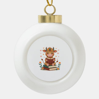 Vintage Highland Cow Reading Books Floral Cute Boo Ceramic Ball Christmas Ornament