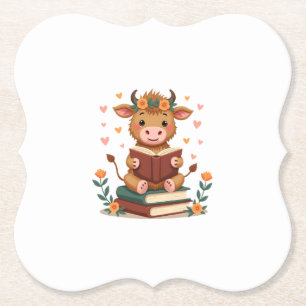 Vintage Highland Cow Reading Books Floral Cute Boo Paper Coaster