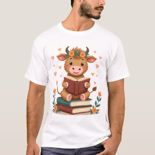 Vintage Highland Cow Reading Books Floral Cute Boo T-Shirt