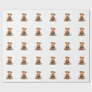 Vintage Highland Cow Reading Books Floral Cute Boo Wrapping Paper