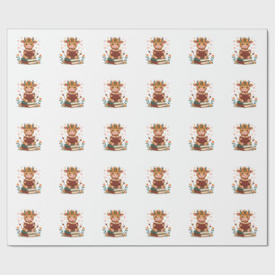 Vintage Highland Cow Reading Books Floral Cute Boo Wrapping Paper