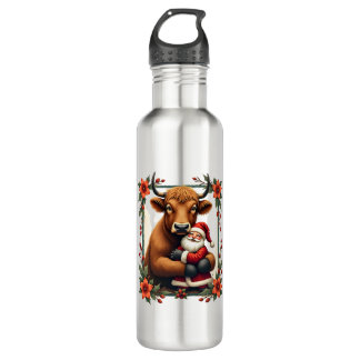 Vintage Highland Cow Santa Hug Christmas Rustic Fa 710 Ml Water Bottle